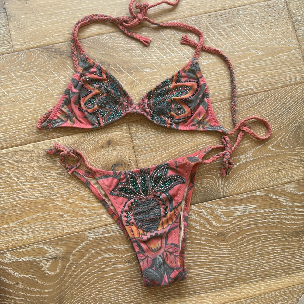 Pin-Up Strappy Brazilian style Bikini‎ Beaded Sequins Top Bottoms Pineapple Sz S